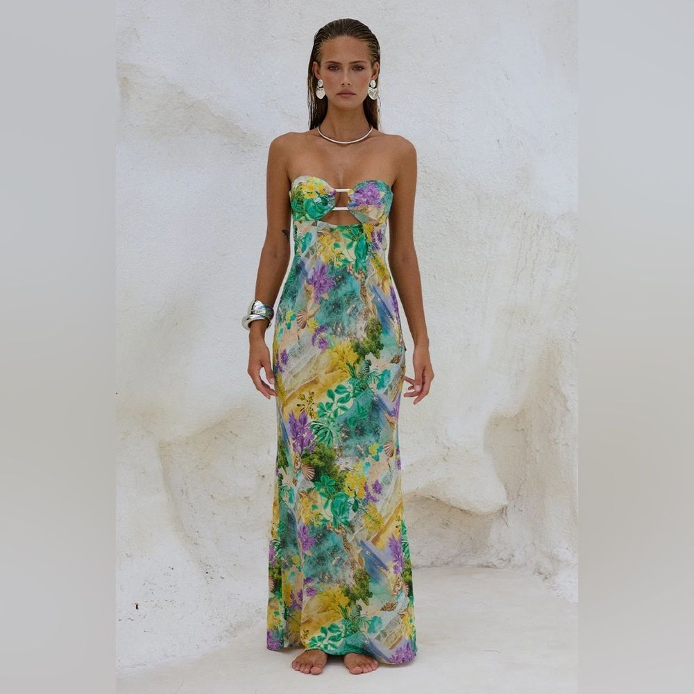 Strapless Floral Cutout Maxi Dress in Multi